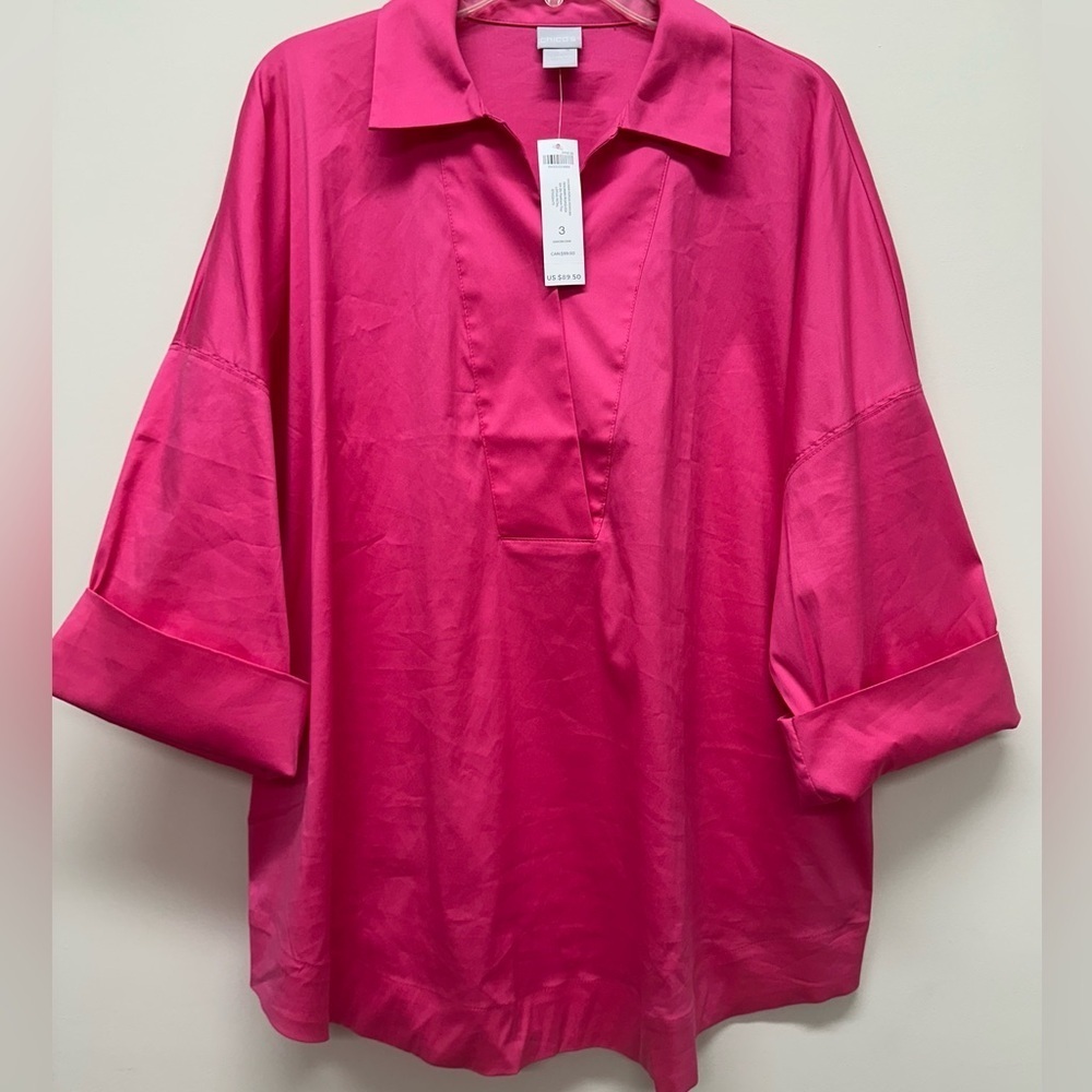 Chico's Top Shirt Blouse 3/4 Sleeve V Neck Dolman Popover Pink Poplin Women XL 3 - Picture 2 of 8